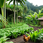 **

A lush tropical permaculture garden in Malaysia. Focus on the layered planting: tall banana trees and mango trees providing shade for kangkung (water spinach) and ginger growing underneath. Include chickens foraging amongst the plants.

**