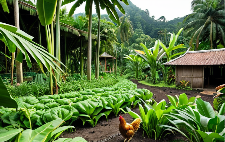 **

A lush tropical permaculture garden in Malaysia. Focus on the layered planting: tall banana trees and mango trees providing shade for kangkung (water spinach) and ginger growing underneath. Include chickens foraging amongst the plants.

**