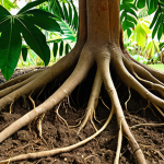 **Prompt 1: The Hidden Power of Perennial Plant Roots and Photosynthesis**
    A vibrant, healthy tropical perennial plant (e.g., a lush curry leaf plant or cassava plant) shown in a detailed cross-section view. Below ground, an intricate, extensive root system is clearly visible, with some roots appearing swollen to emphasize starch and energy storage. The soil is rich and dark, suggesting fertility. Above ground, the plant displays abundant, deep green leaves, absorbing warm tropical sunlight, symbolizing active photosynthesis. Subtle light rays emanating from the leaves and an invisible flow of energy towards the roots can be depicted, representing nutrient allocation and storage. The overall image should convey growth, resilience, and the plant's internal energy management.