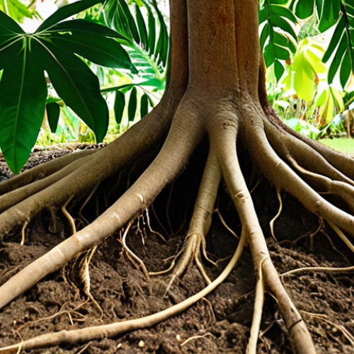 **Prompt 1: The Hidden Power of Perennial Plant Roots and Photosynthesis**
    A vibrant, healthy tropical perennial plant (e.g., a lush curry leaf plant or cassava plant) shown in a detailed cross-section view. Below ground, an intricate, extensive root system is clearly visible, with some roots appearing swollen to emphasize starch and energy storage. The soil is rich and dark, suggesting fertility. Above ground, the plant displays abundant, deep green leaves, absorbing warm tropical sunlight, symbolizing active photosynthesis. Subtle light rays emanating from the leaves and an invisible flow of energy towards the roots can be depicted, representing nutrient allocation and storage. The overall image should convey growth, resilience, and the plant's internal energy management.