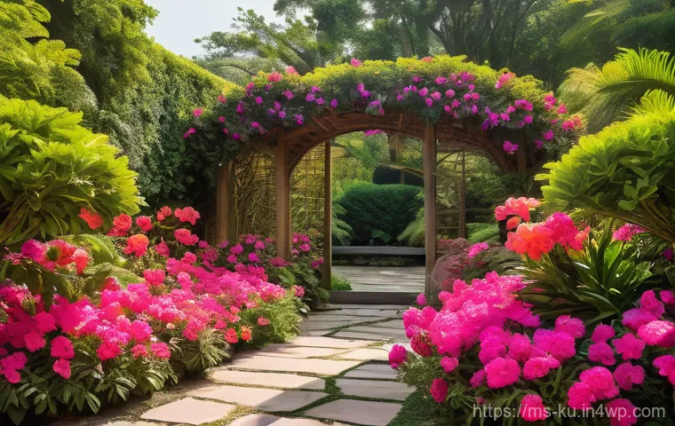 정원 설계의 다년생 식물 조화 아이디어 - Prompt 1: Vibrant Tropical Perennial Garden Oasis**