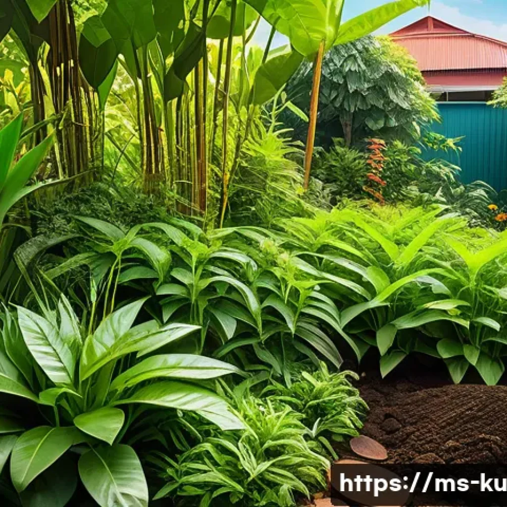 정원을 위한 다년생 식용 식물 재배 가이드 - A vibrant Malaysian home garden scene featuring a variety of perennial medicinal plants such as curr...