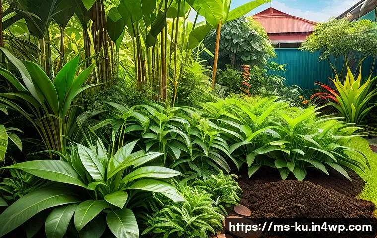 정원을 위한 다년생 식용 식물 재배 가이드 - A vibrant Malaysian home garden scene featuring a variety of perennial medicinal plants such as curr...