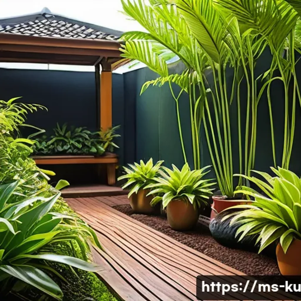 정원 설계에서 다년생 식용 식물의 위치 선정 - A vibrant Malaysian herb garden scene during golden hour sunlight, showcasing a variety of potted pl...