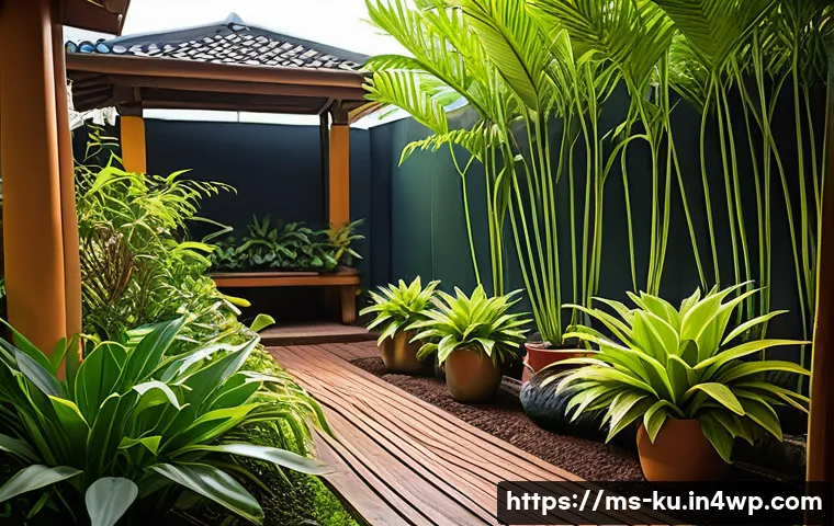 정원 설계에서 다년생 식용 식물의 위치 선정 - A vibrant Malaysian herb garden scene during golden hour sunlight, showcasing a variety of potted pl...