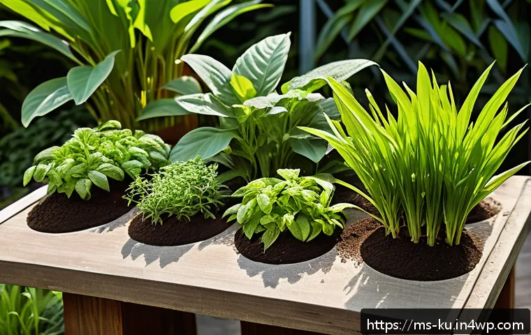 정원에서 다년생 식용 식물의 심기 및 관리 실수 - A vibrant Malaysian herb garden scene in the morning sunlight, featuring a variety of annual herbs l...