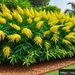 Home 22 다년생 식물 선택 시 고려할 요소 - A vibrant Malaysian home garden scene featuring lush yellow Murraya paniculata (Pokok Kemuning) shru...
