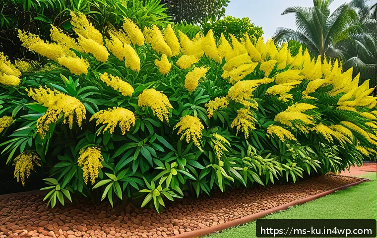 다년생 식물 선택 시 고려할 요소 - A vibrant Malaysian home garden scene featuring lush yellow Murraya paniculata (Pokok Kemuning) shru...