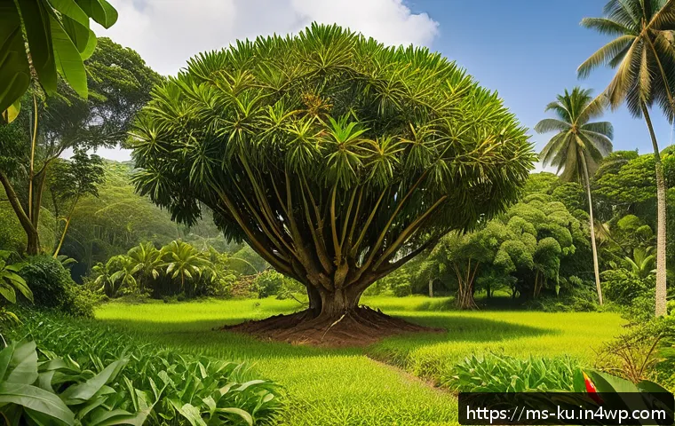 다년생 식용 식물의 생태적 중요성과 관리 - A vibrant tropical agroforestry garden scene featuring long-lived fruit trees such as durian and man...