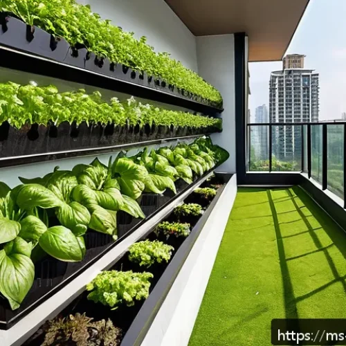 Home 31 다년생 식용 정원의 물리적 환경 조정 방법 - A vibrant urban balcony garden in Malaysia during daytime, featuring tiered vertical planters filled...