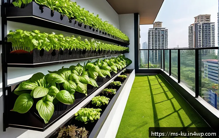 다년생 식용 정원의 물리적 환경 조정 방법 - A vibrant urban balcony garden in Malaysia during daytime, featuring tiered vertical planters filled...