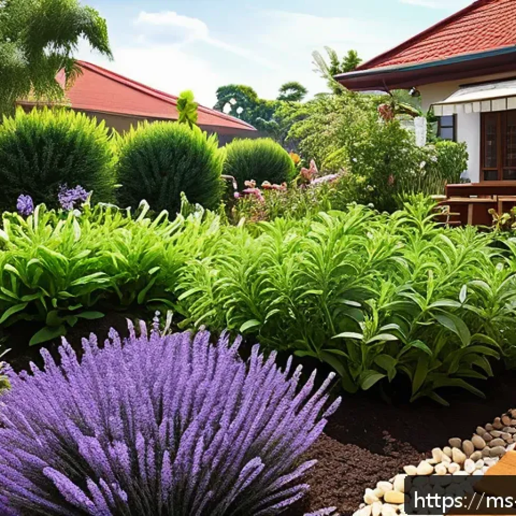 정원에서 다년생 식물의 생장 최적화 방법 - A vibrant Malaysian home garden scene showing a variety of perennial plants such as lavender, rosema...