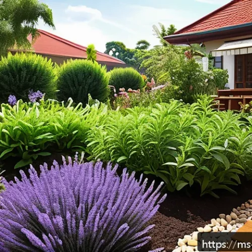 Home 30 정원에서 다년생 식물의 생장 최적화 방법 - A vibrant Malaysian home garden scene showing a variety of perennial plants such as lavender, rosema...