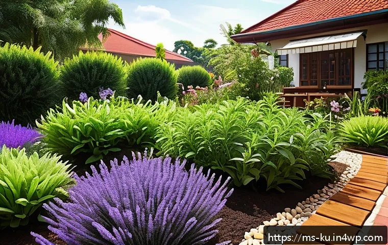 정원에서 다년생 식물의 생장 최적화 방법 - A vibrant Malaysian home garden scene showing a variety of perennial plants such as lavender, rosema...