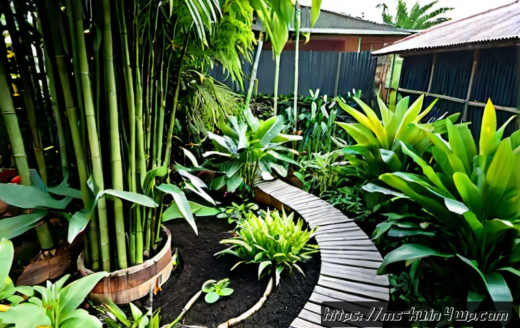 Home 17 자연 친화적인 다년생 식용 정원 설계법 - Photorealistic wide-angle view of a naturally designed perennial edible garden in a Malaysian tropic...