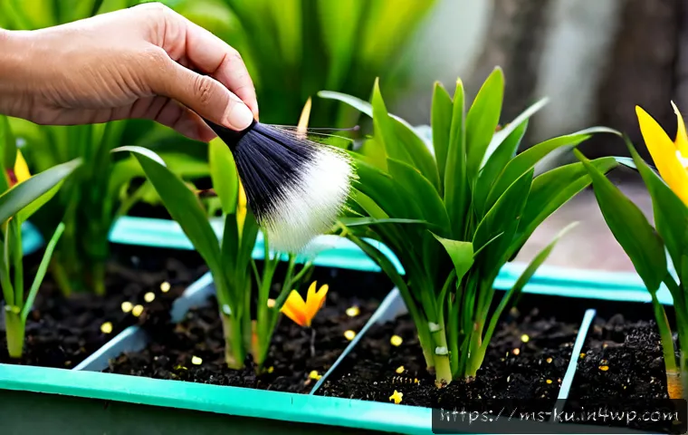 Home 17 다년생 식용 식물의 교배 및 번식 방법 - Photorealistic close-up of a Malaysian home gardener hand-pollinating flowering perennial edible pla...