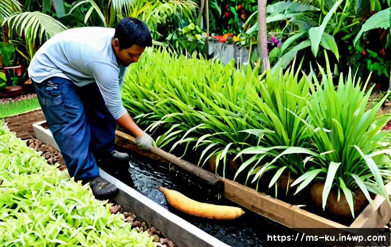 Home 17 다년생 식용 정원에서의 배수 문제 해결법 - Photorealistic tropical edible perennial garden in Malaysia after a gentle rain, clear raised beds p...